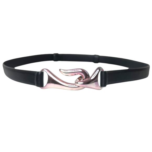 CHICO\'S Genuine Leather Belt Black Silver Hook Buckle Elastic Waist Medium Large main image 4